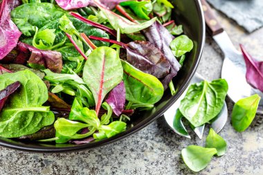 Salad bowl, healthy food. Fresh salad mix of baby spinach, arugula leaves, basil, chard and lambs lettuce. 