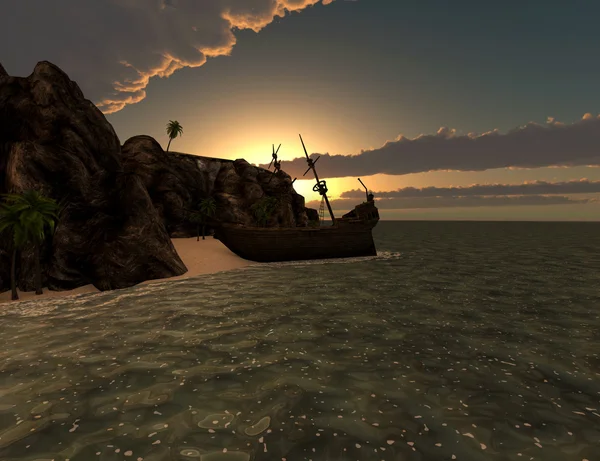 在日落时分在一个热带岛屿上沉船 — 图库照片