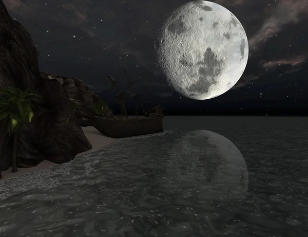 Schipbreuk op een tropisch eiland bij maanlicht — Stockfoto