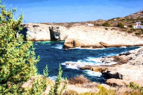 Milos island sea view painting with rocks and waves