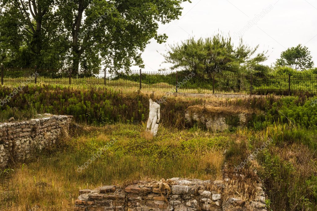 Ancient ruins and sculpture in Dion, Greece.