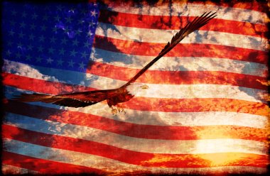 Amerikan bayrağı - 3d render ile günbatımı arka plan, kartal