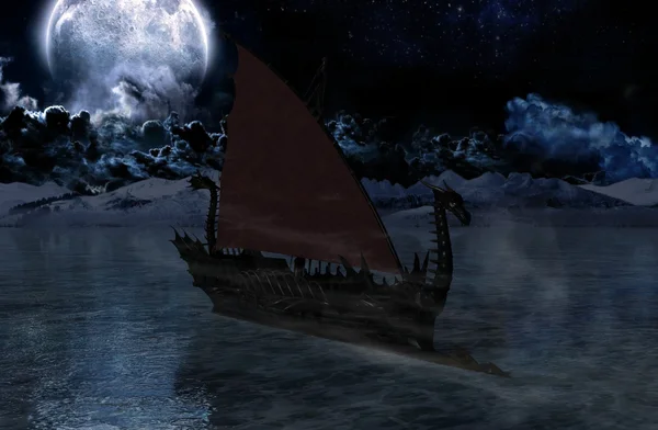 Viking oorlogsschip bij maanlicht — Stockfoto