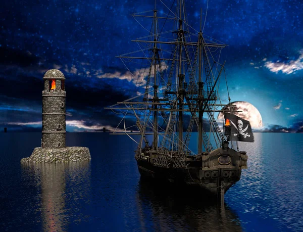 Vela Pirata Vicino Vecchio Faro Con Fuoco Chiaro Luna Rendering — Foto Stock