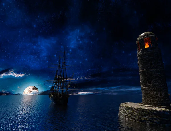 Pirate Sailship Old Lighthouse Fire Moonlight Rendering — Stock Photo, Image