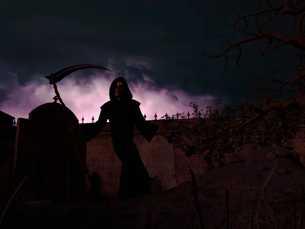 Graveyard Death Skeleton Hood Standing Scythe Night Background Rendering — Stock Photo, Image
