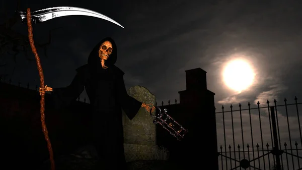 A graveyard and death skeleton in the hood standing on it with a scythe on a night background with moon - 3d rendering