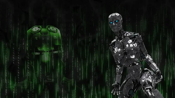 Cyborg Metaliczny Czarnym Tle Robota Renderowanie — Zdjęcie stockowe