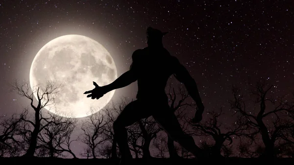 Ilustración Hombre Lobo Durante Luna Llena Espeluznante Bosque Rendering — Foto de Stock