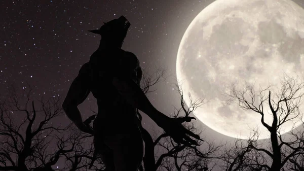Ilustración Hombre Lobo Durante Luna Llena Espeluznante Bosque Rendering — Foto de Stock
