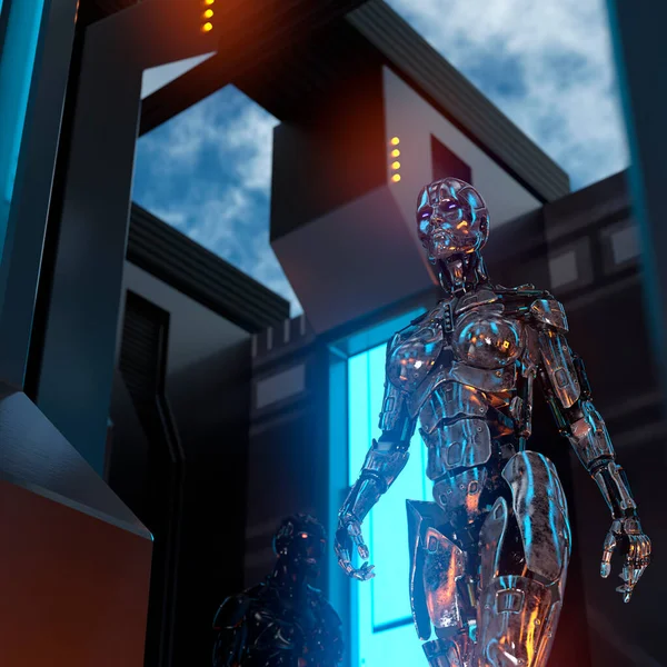 Two metallic cyborgs in a futuristic room - 3d rendering
