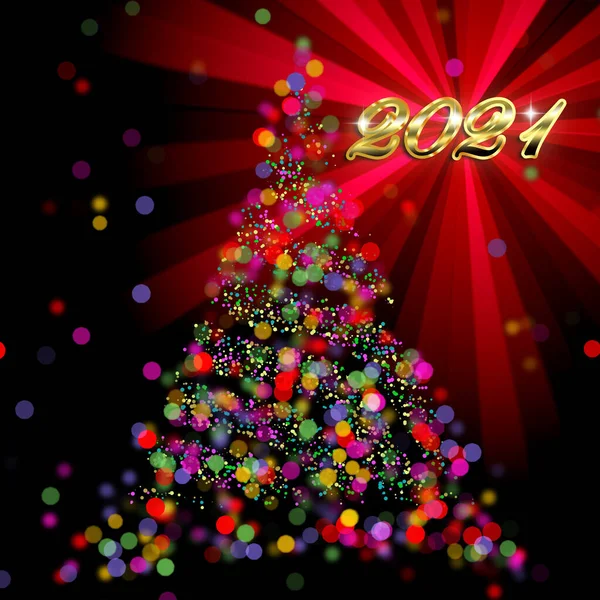 Natale 2021 Albero Bokeh Astratto Sfondo Raggi Luce Rossa — Foto Stock