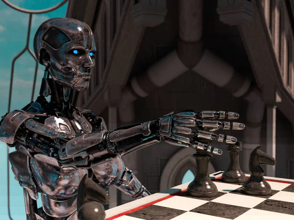 Робот Играет Шахматы Высокотехнологичная Иллюстрация Рендеринг — стоковое фото