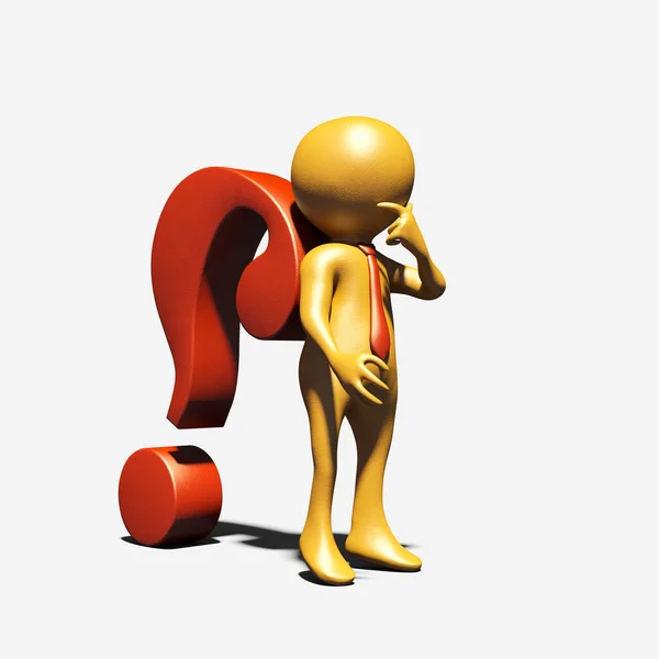 Thinking Man Supporting Big Red Question Mark Rendering — Stock Photo, Image
