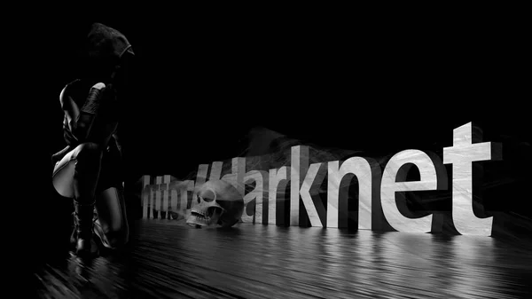 Текстовое Слово Darknet Темном Фоне Женщина Черном Череп Рендеринг — стоковое фото