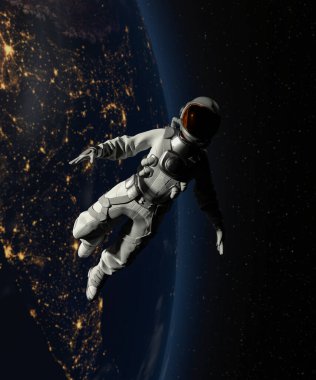 Dünya arkaplanıyla uzayda yürüyen astronot - 3D görüntüleme