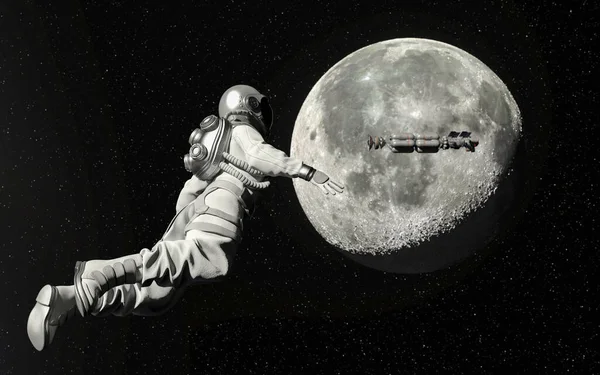 Astronaut walking in space with moon background - 3d rendering