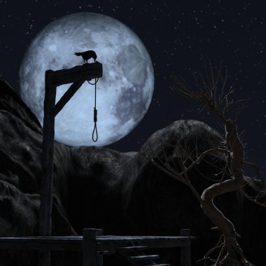 Mavi dolunaylı ürkütücü bir gecede Gallow. Üzerine bir karga oturur - 3D görüntüler