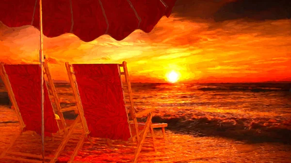 Two Empty Chairs Beach Opened Umbrella View Sea Sunset Rendering — Stock Photo, Image