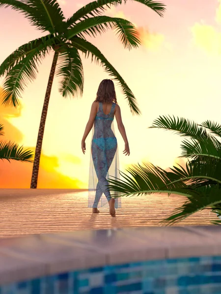 Junges Mädchen Bewundert Den Sonnenuntergang Der Nähe Des Hotelschwimmbeckens Strand — Stockfoto