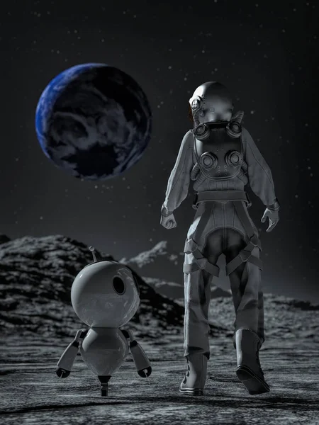 Astronaut Malý Robot Procházce Měsíci Dívali Zem Vykreslování — Stock fotografie