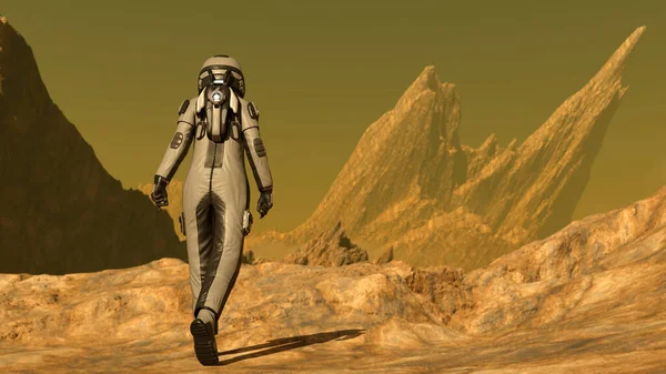 Space Traveler Exploring New Desert Planet Rendering — Stock Photo, Image