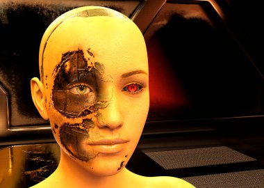 Fütürist karanlık odada Sayborg kadın - 3D görüntüleme