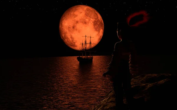 Piraten Zeilboot Bij Volle Rode Maan Piratenvrouw Die Een Rots — Stockfoto