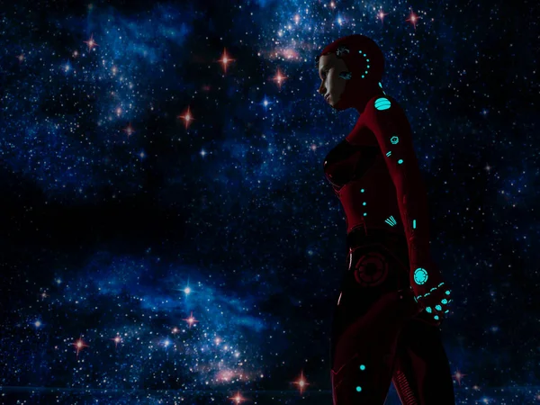 Cyborg Face Real Young Woman Moonlight Conceptual Futuristic Bionics Artificial — Stock Photo, Image