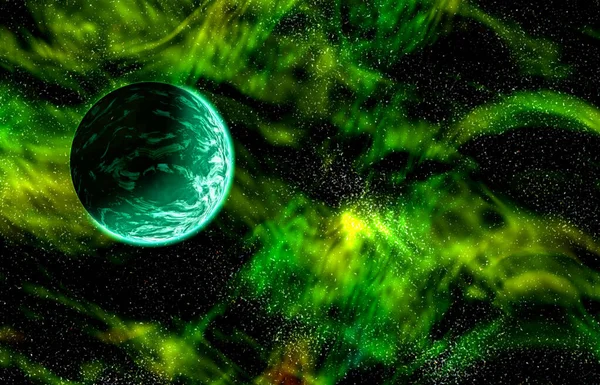 Fantástico Planeta Verde Estrellas Espacio Renderizado — Foto de Stock