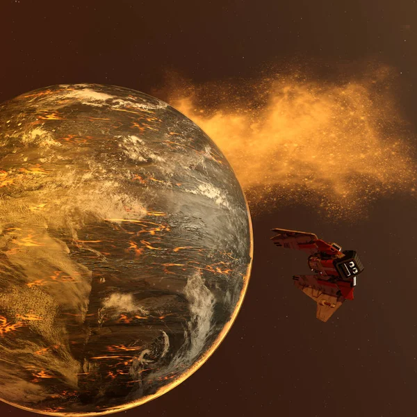 Космічний Корабель Наближається Новонародженої Планети Рендеринг — стокове фото