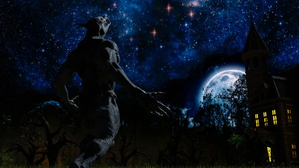 Illustration of a werewolf during the full moon near a house in the creepy forest - 3d rendering