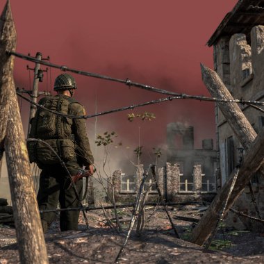 Bir Amerikan askeriyle 2. Dünya Savaşı 'nın gündüz muharebe sahnesinin canlandırması ve yıkılan binalar. Savaş alanı sanat arkaplanı - 3D görüntüleme