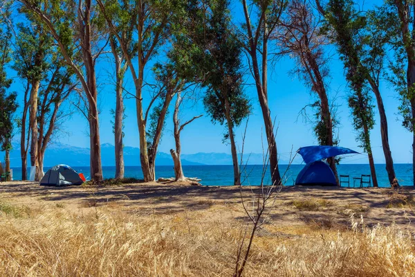 Messinia Daki Velika Plajındaki Kumlu Sahilde Turist Çadırı Yunanistan Kumsalda — Stok fotoğraf