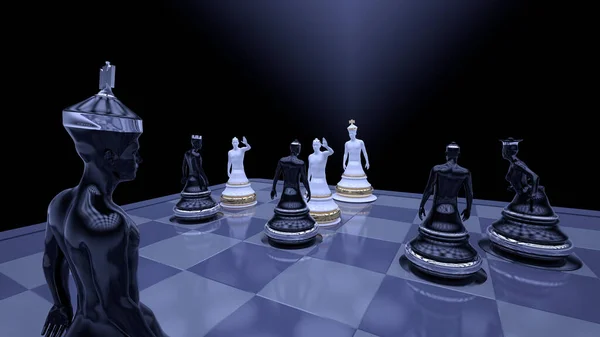 暗い背景における擬人化された作品のチェスの構成 3Dレンダリング — ストック写真