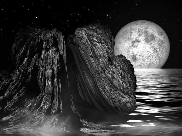 คืนที่มีแสงจันทร์ส่องหล้าพื้นที่โล่งริมทะเล — ภาพถ่ายสต็อก