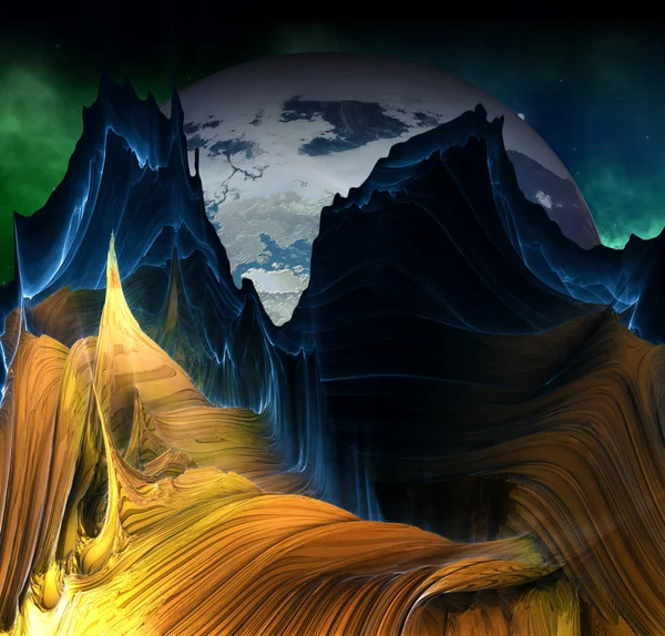 Montanhas alienígenas com fundo espacial — Fotografia de Stock