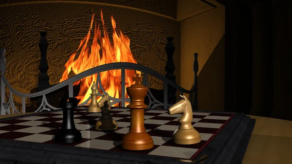 Chess Game illustration in front of a fireplace — Stock Photo, Image