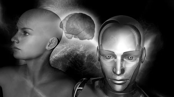人工智能-机器人女人连接到一个女性的大脑 — 图库照片
