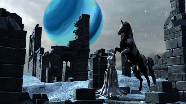 Elf πριγκίπισσα χιόνι φαντασία με το άλογό της μονόκερος — Φωτογραφία Αρχείου