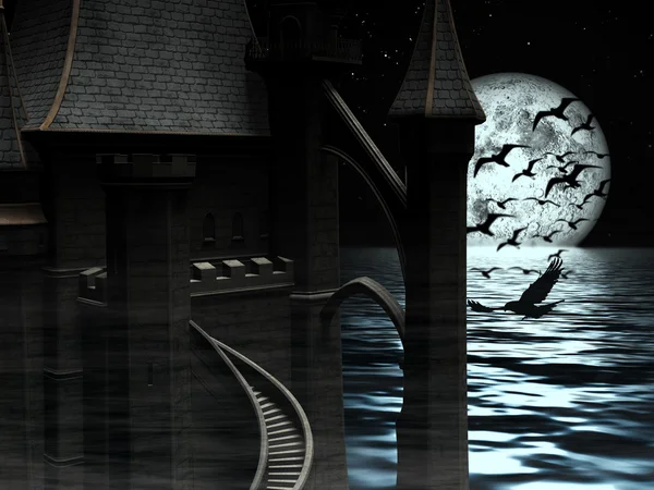 Castillo misterioso oscuro en el fondo de la luna con aves negras — Foto de Stock
