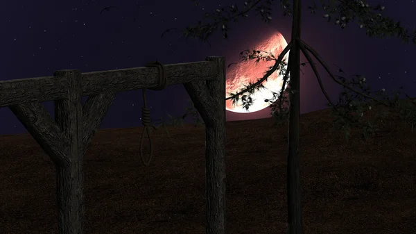 Kísérteties éjszaka háttérrel, az akasztófa, varjak és vörös Hold — Stock Fotó