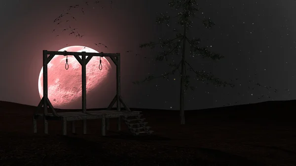 Kísérteties éjszaka háttérrel, akasztófa, varjak és vörös Hold — Stock Fotó