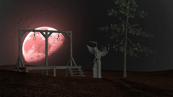 Ángel de la Muerte - Espeluznante fondo nocturno con horca, cuervos y luna roja — Foto de Stock