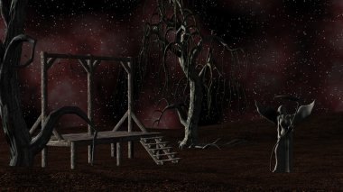Azrail - darağacı, kargalar ve ürpertici ağaçlar ürkütücü gece arka plan