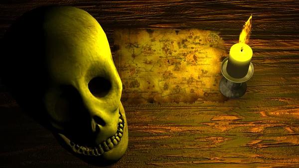 Mapa pirata bajo la luz de la vela con el cráneo humano — Foto de Stock