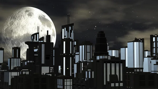 Cidade Futurista Noite com Lua Grande — Fotografia de Stock