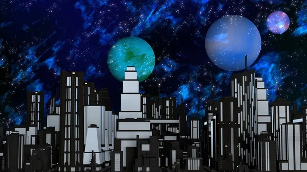 Night Futuristic City with three Planets and Stars — Stock Photo, Image