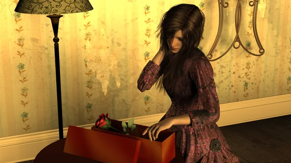 Young Woman with Victorian Dress opening a Gift Box with Red Rose — Stock Photo, Image