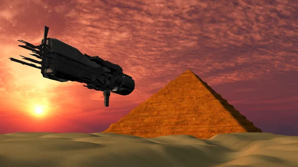 UFO Spaceship Flying towards a Pyramid - Fantasy Alien Illustrations — Stock Photo, Image